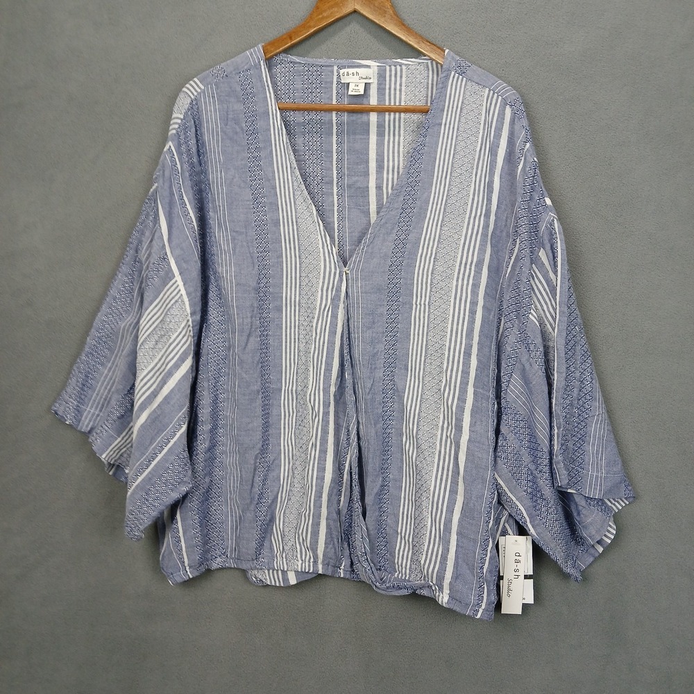 Dash Studio Surplus Wrap Shirt Womens XL Blue White Striped Kimono Sleeve V Neck